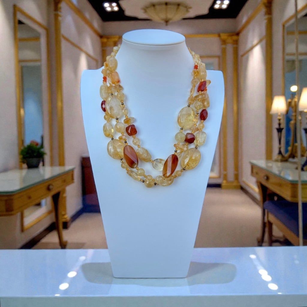 Lucas Lameth Rare Triple-Strand Citrine And Carnelian Gemstone Necklace